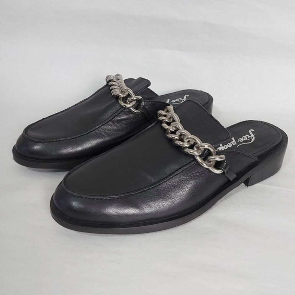 Free People Preppy Silver Link Chain Vida Mules Size 38 EU Black Leather Slip-On